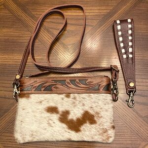 MYRA NWOT tooled Brown Leather Crossbody, Wristlet, & belt bag 8 x 6